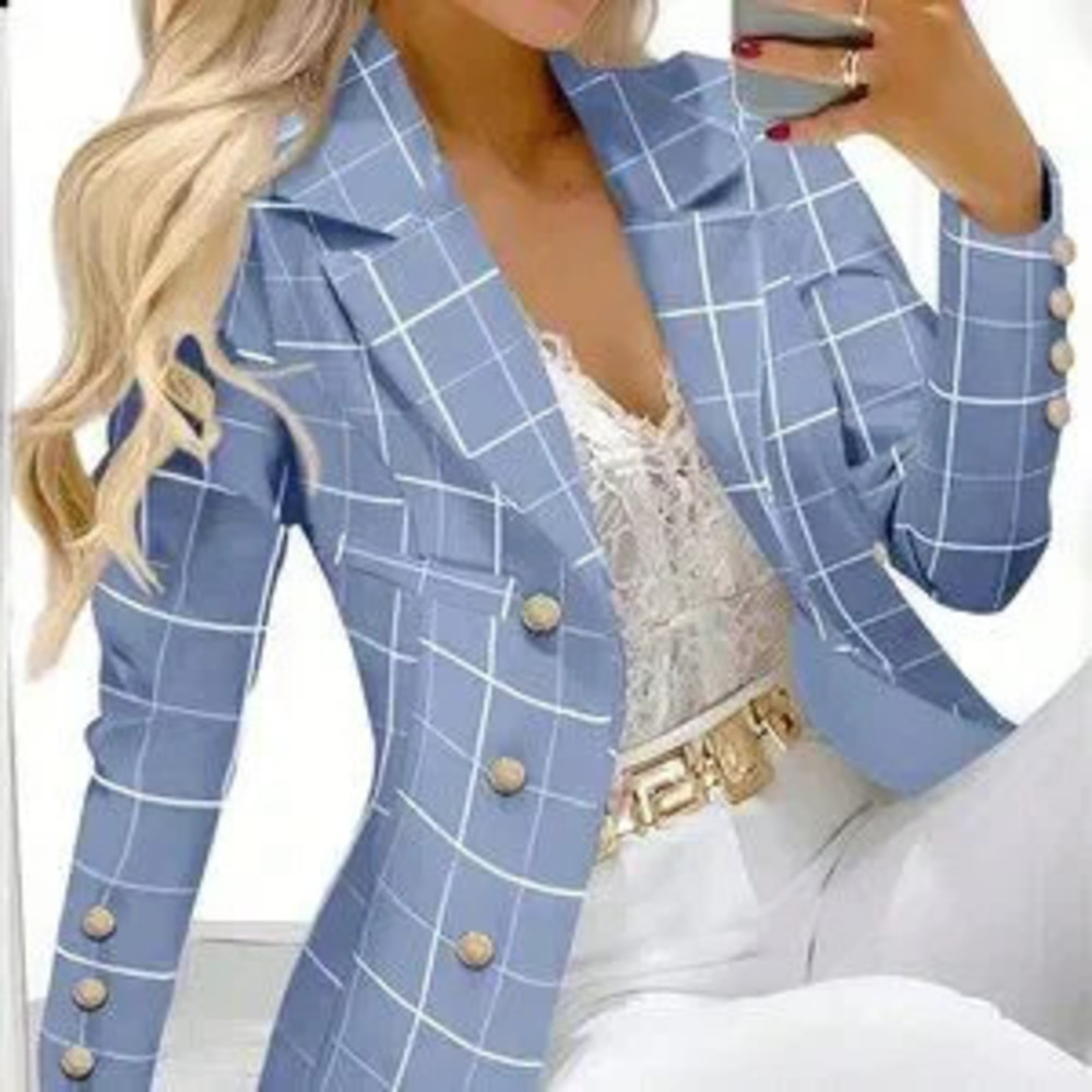 Dusty Blue Elegant Women's Front Button Notched Collar Long Sleeve Plaid Blazer